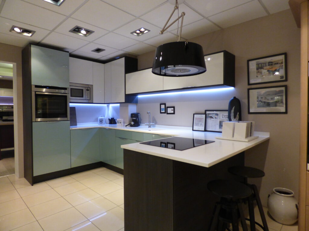 Sleek Kitchen with Blue Shelf Lights