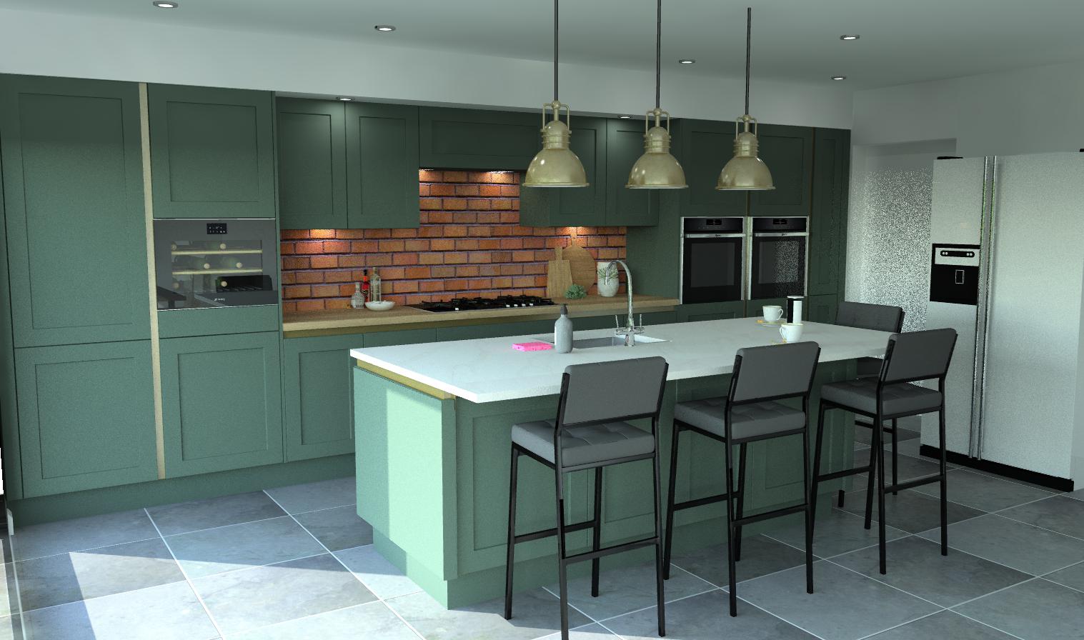 A green handleless Kitchen with brass rails. A wood worktop runs along the back bank with a hob built in. A white quartz worktop sits on the island containing a sink, pop up socket and a large open L-shape seating area.