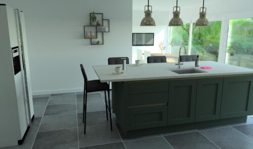 Front view: A green handleless Kitchen with brass rails .A white quartz worktop sits on the island containing a sink, pop up socket and a large open L-shape seating area.